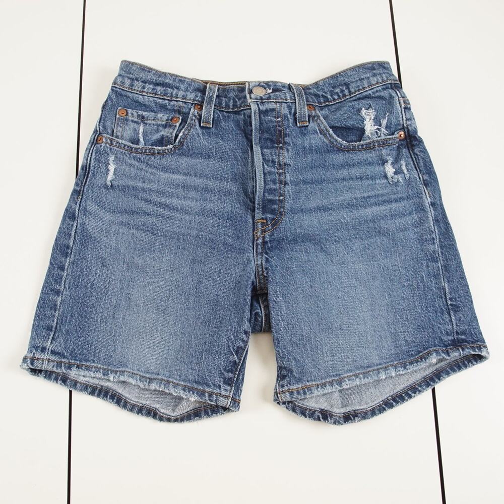 Levis Premium 501 Mid Thigh Distressed Medium Wash Blue Shorts Womens Sz 26